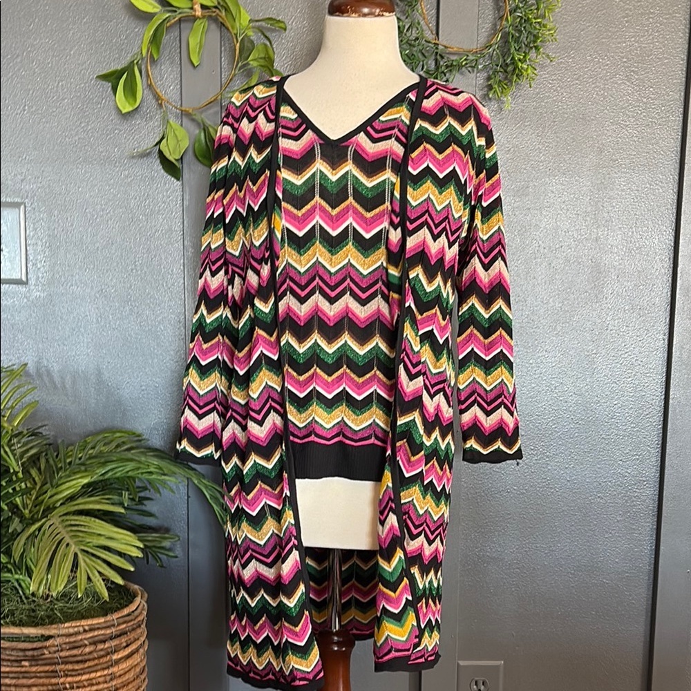 INC Colorful Chevron Patterned Cardigan and Top Set